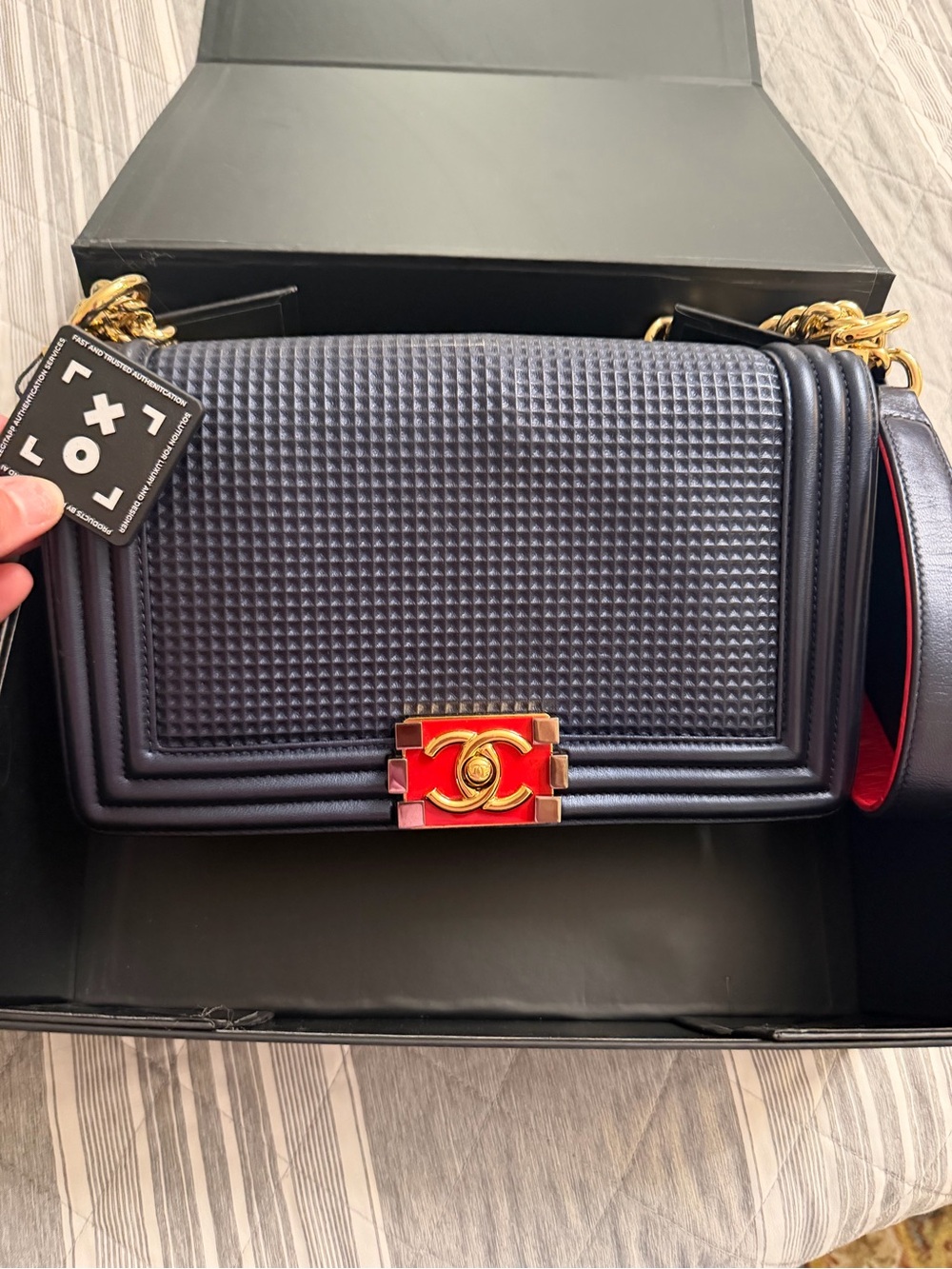 CHANEL BlueQuilted Boy Flap Bag with Red and Gold Hardware